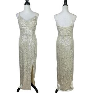 Eliza J. NWT Champagne Sequin Side Slit Sleeveless Full Length Formal Gown Dress